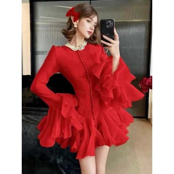 Robe chic à patchwork plissé, manches flare