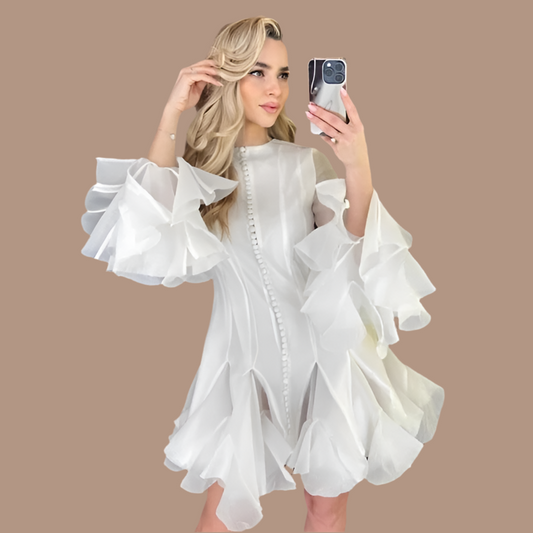Robe chic à patchwork plissé, manches flare